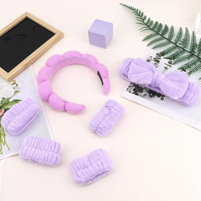 Purple Spa Headband and Wristband Set, Soft Elastic Face Washing Accessories - Image 8