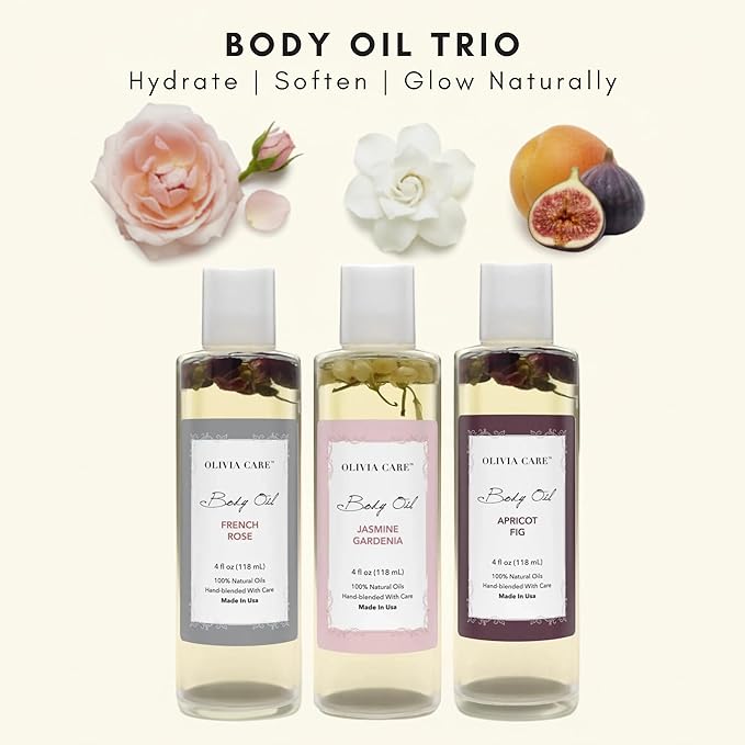 Olivia Care 3 Pack Body Oils: Apricot Fig, French Rose, Jasmine Gardenia - Image 3