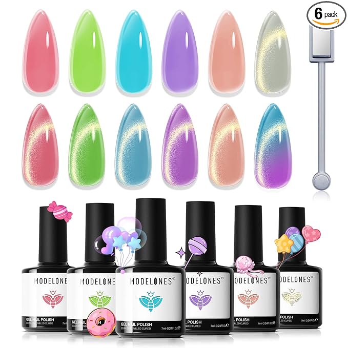 modelones Cat Eye Gel Nail Polish, 6 Colors Jelly Neon Set by MODELONES