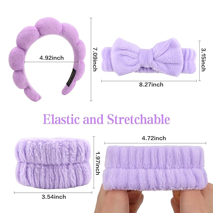 Purple Spa Headband and Wristband Set, Soft Elastic Face Washing Accessories - Image 6