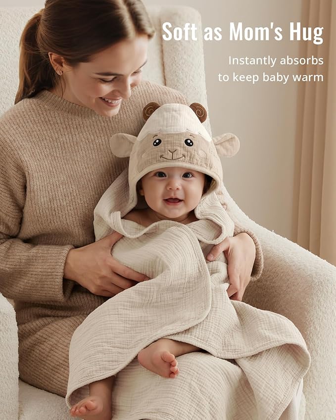 Blissful Diary Muslin Baby Hooded Towel 1 Pack, Soft & Absorbent Bath Towel - Image 3
