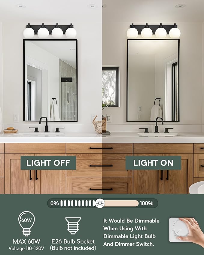 Bathroom Light Fixtures, 4 Light Matte Black Vanity Light, 26 Inch Modern Wall - Image 2