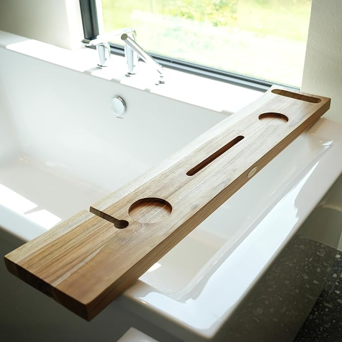 EcoDecors Eleganto 42" Live Edge Solid Teak Bath Caddy Tray - Image 6