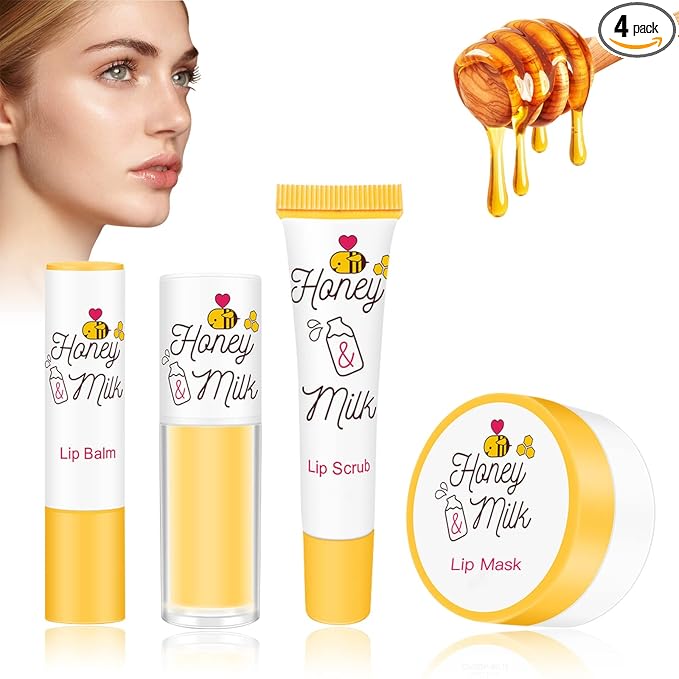 4 Piece Honey Milk Lip Mask Lip Balm Lip Scrub Lip Oil Lip Care Kit, by Unknown