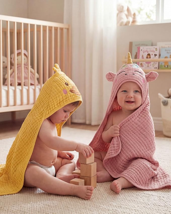 Blissful Diary Muslin Baby Hooded Towel 2 Pack, Soft & Absorbent Bath Towel - Image 7