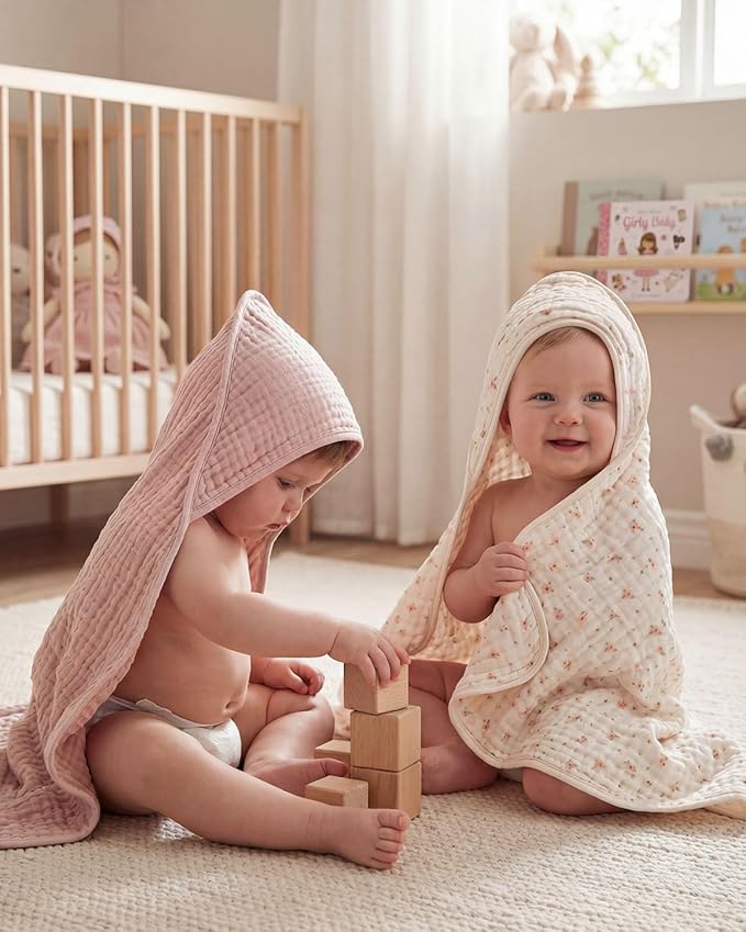 Blissful Diary Muslin Baby Hooded Towel 2 Pack, Soft & Absorbent Bath Towel - Image 7
