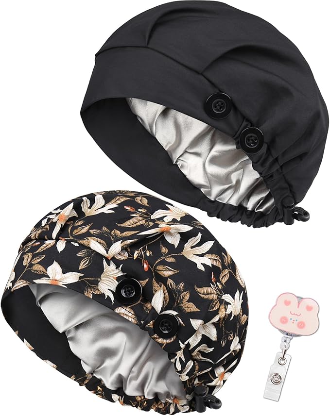 2 Pack Satin Lined Bouffant Scrub Caps by Yuest