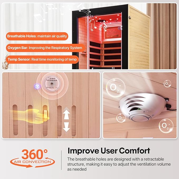 OUTEXER One Person Sauna Far Infrared Saunas Room Obeche Wood 1350W Dry Saunas - Image 4