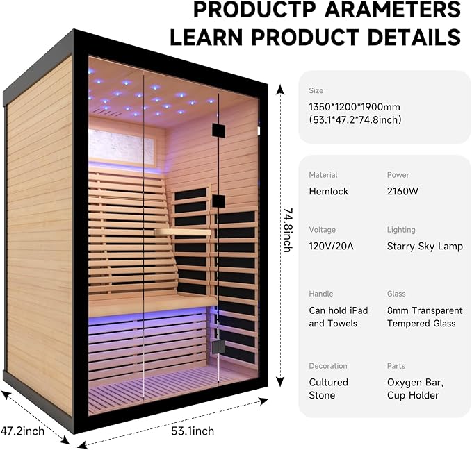 OUTEXER 2 Person Infrared Sauna Room Far Infrared Saunas Home Canadian Hemlock - Image 5