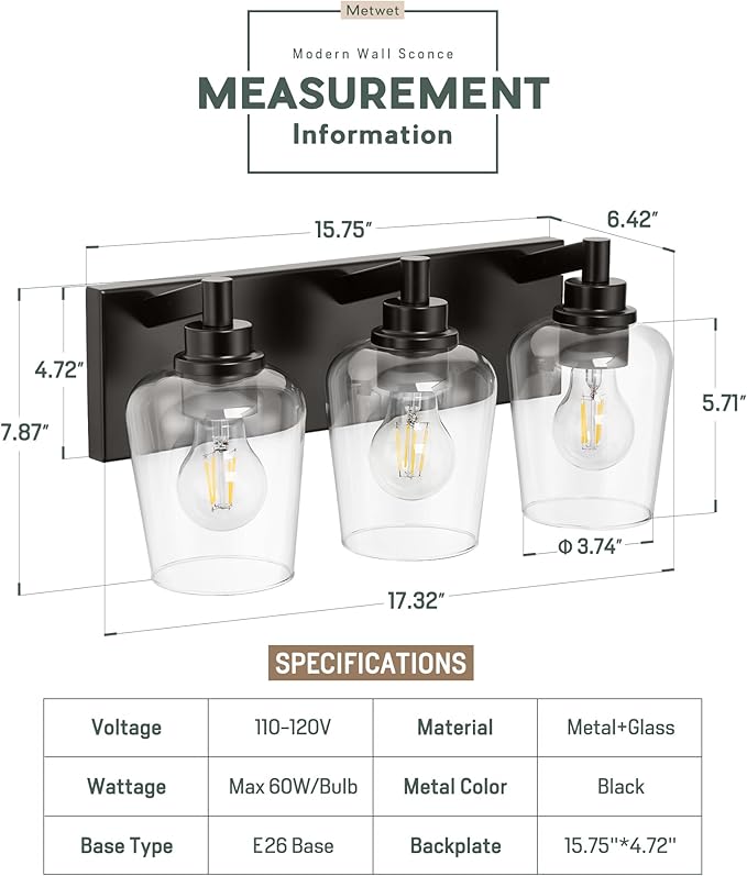 Bathroom Light Fixtures, 3-Light Modern Vanity Light - Image 3