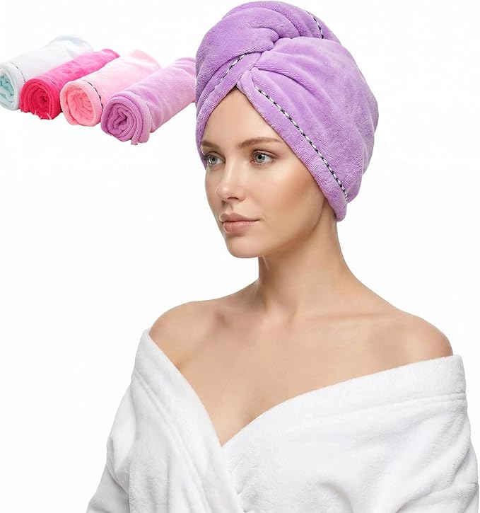Microfiber Hair Towel 4 Pack, Hair Towel Wrap Quick Dry Hair Hat Anti-frizz by CCCAIHONG