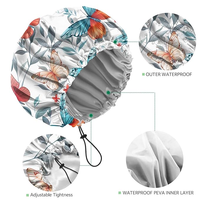 2 PCS Shower Cap Waterproof Double Layer Elastic Adjustable Reusable Hair Bath - Image 3