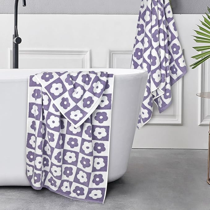 Jacquotha 2-Pieces Luxury Bath Towels Checkered Floral, Cute Bathroom Decor - Image 2