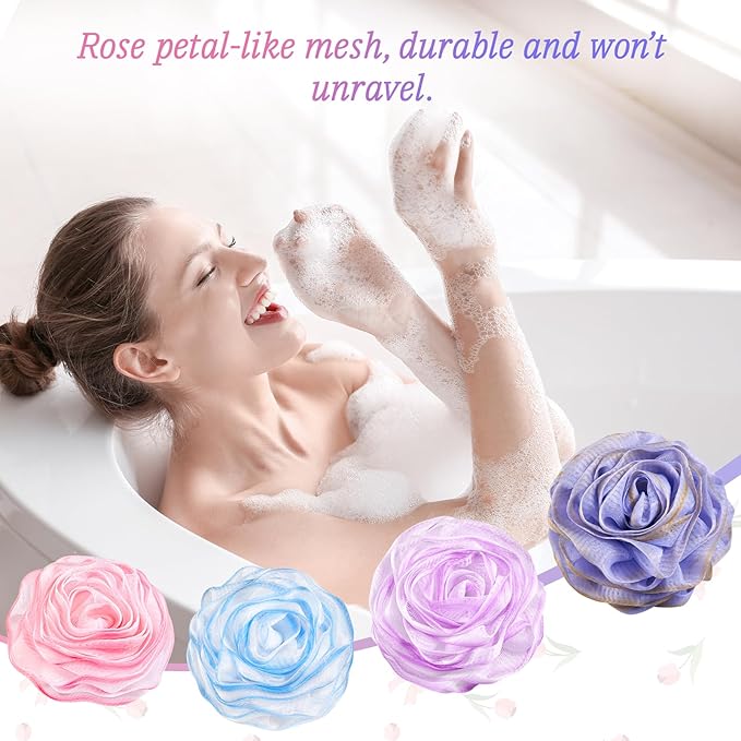 LAYUKI Bath Loofah, Shower Sponge, Body Scrubber, Rose-Shaped - Image 2