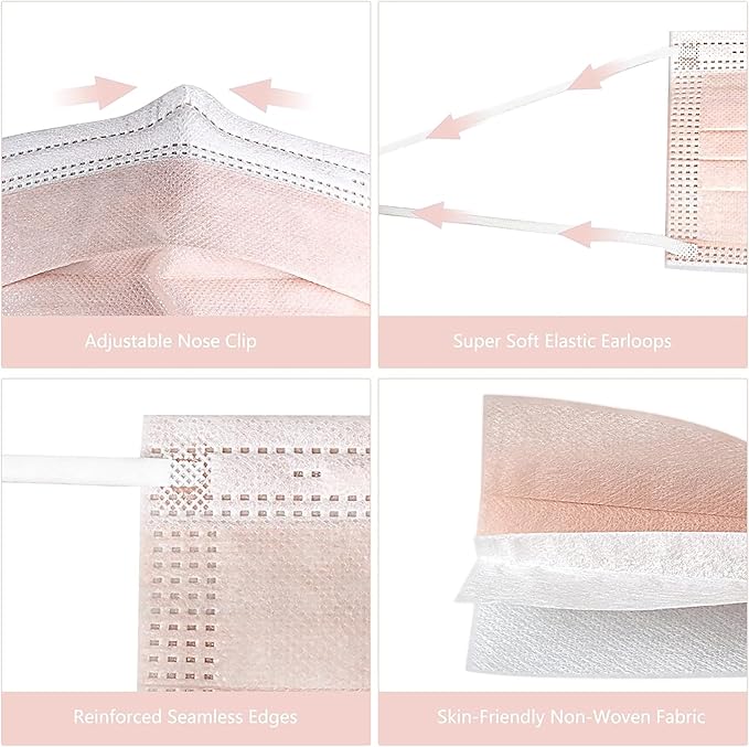 akgk Disposable Face Masks 100Pcs, 3 Layer Protective Face Mask Blush Pink Face - Image 3