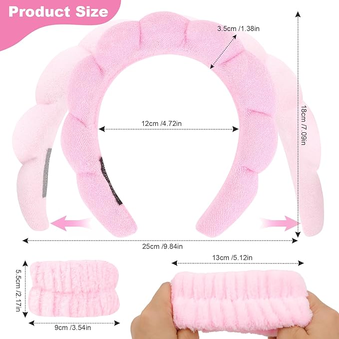 6Pcs Pink Spa Headband and Wrist Washband Set, Skincare Makeup Headband - Image 2
