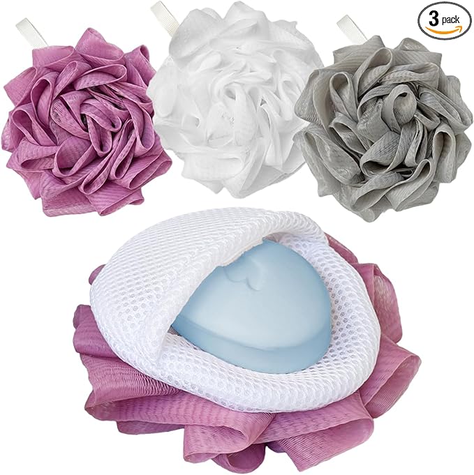 3 Pack Bath Loofah Shower with Soap Bags, Dual-Use Exfoliating Bath Sponges by Unknown