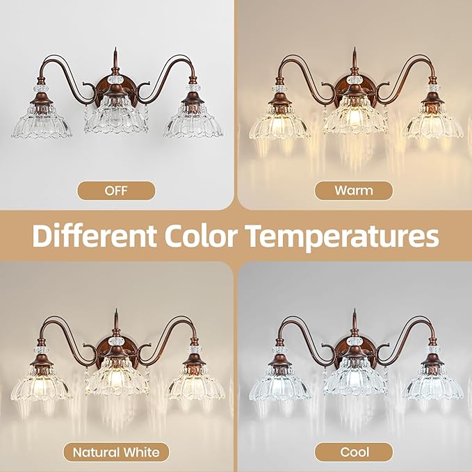 Vintage Bathroom Vanity Light, 3-Light Matte Antique Red Bronze Finish Wall - Image 9