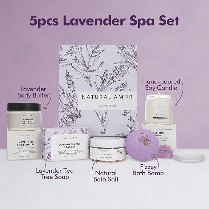 Natural Amor 5-Piece Lavender Spa Gift Set – Bath Bomb, Body Butter, Bar Soap - Image 2