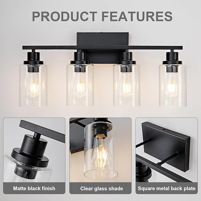 4 Light Black Bathroom Vanity Light Fixture Over Mirror Modern Farmhouse Wall - Image 7
