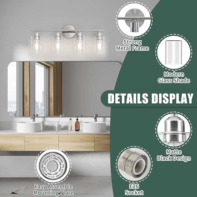 Espird Bathroom Vanity Light Fixtures Brushed Nickel, 4 Lights Rustic Farmhouse - Image 4