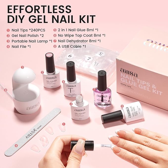 AILLSA Nail Extension Kit Short Almond Nail Tips 240pcs - Image 4