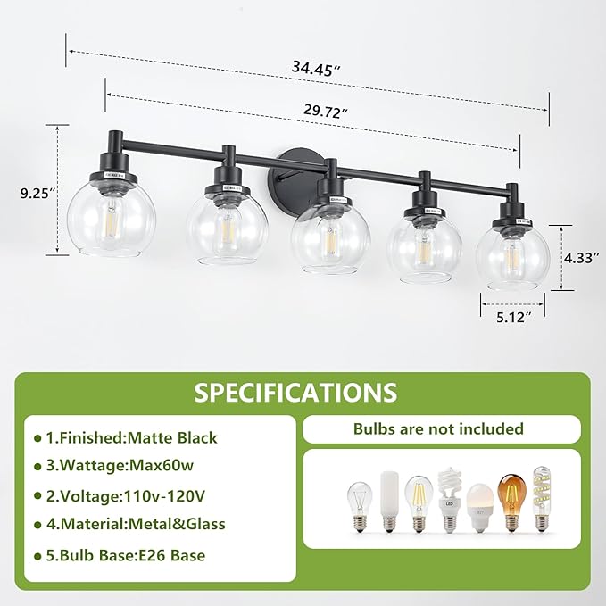 5-Light Bathroom Light Fixture Black Vanity Lights Over Mirror Modern Wall - Image 3