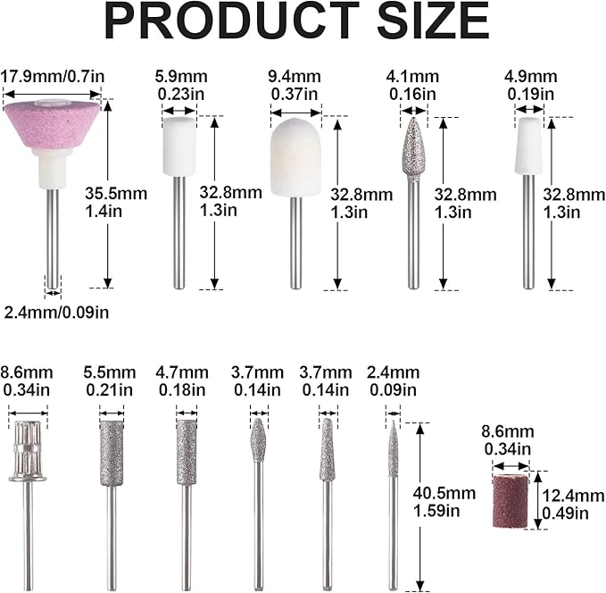ANCIRS 11 Pcs Nail Drill Bits Sets + 6 Pcs 3/32" File Sanding Bands, Nail File - Image 2