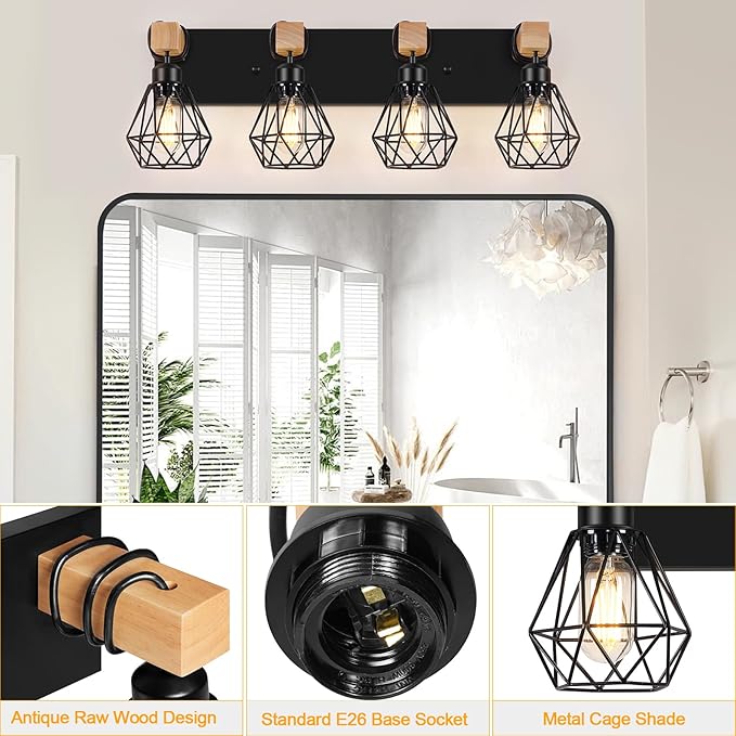 FadimiKoo 4-Light Farmhouse Bathroom Light Fixtures Over Mirror, Rustic Wood - Image 3