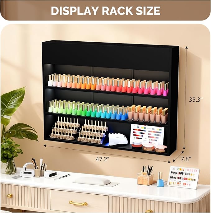 OmySalon Wall Mounted Display Rack, 47.6-Inch 3-Tier LED Nail Polish Organizer - Image 3