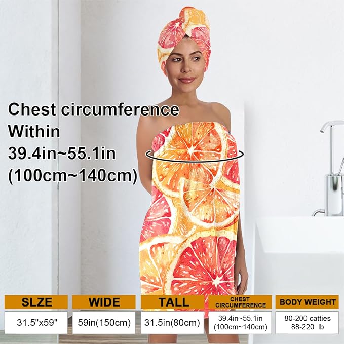 Citrus Print Bath Wrap and Hair Drying Towel Set – Microfiber Quick Dry Shower - Image 3