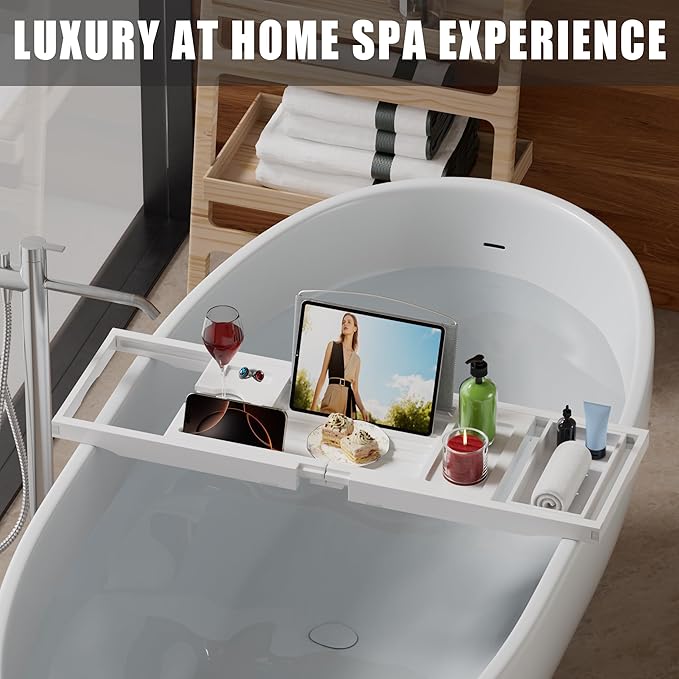 Foldable Bathtub Caddy Tray for Tub, Bamboo Expandable Bath Table Trays - Image 2