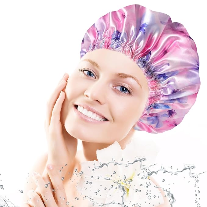 4 PCS Shower Caps for Women, Printing Bath Caps, Double Layers Shower Cap - Image 2