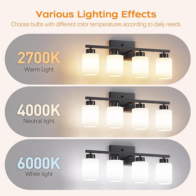 PARTPHONER 4-Light Matte Black Bathroom Light Fixtures, Modern Vanity Light - Image 6