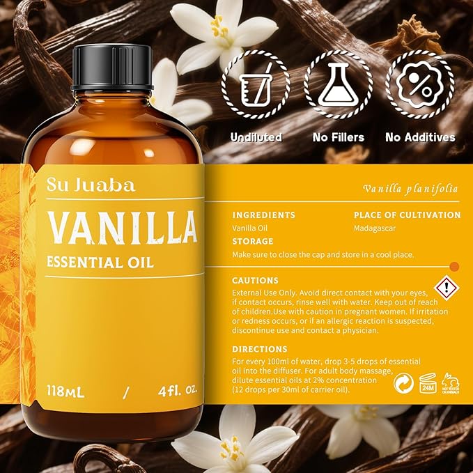 SU JUABA Vanilla Essential Oil 4 Fl Oz, 100% Natural Aromatherapy Oil - Image 6