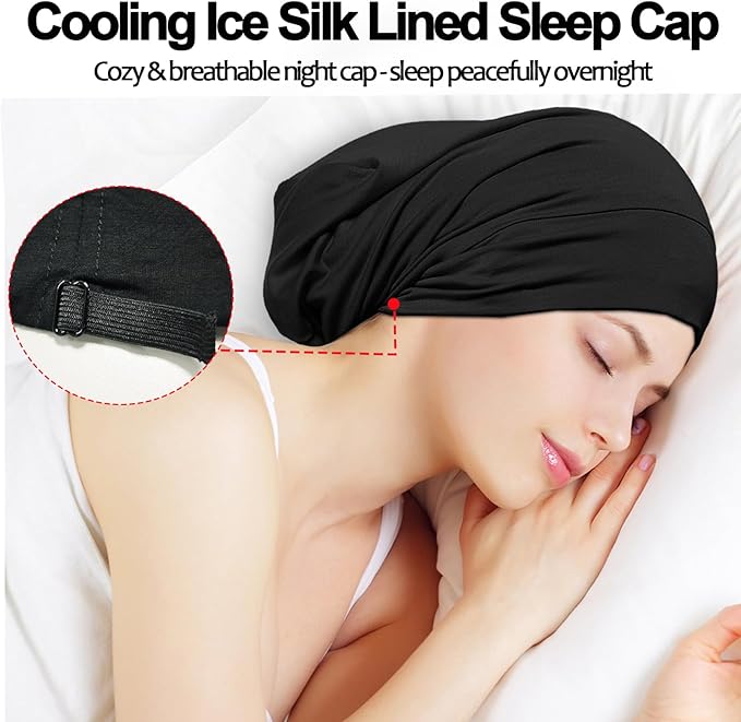 Sleep Cap Bonnet for Sleeping, Adjustable Cooling Ice Silk Lined Hair Bonnets - Image 3