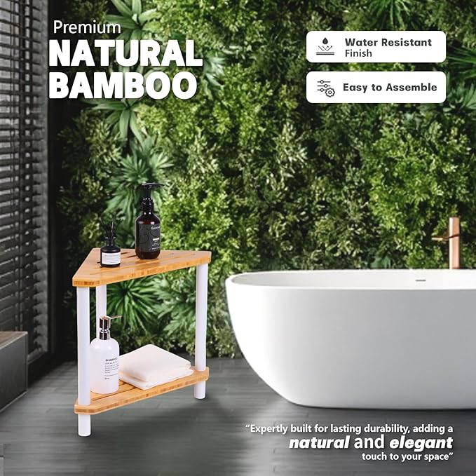 2-Tier Bamboo Corner Shower Caddy, Waterproof Bathroom Corner Storage Organizer - Image 4