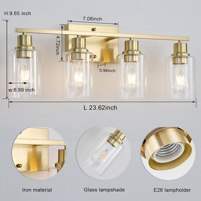 4-Lights Gold Bathroom Light Fixture, Brushed Brass Vanity Light - Image 2