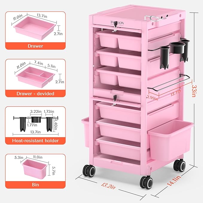 TASALON Pink Lockable Salon Cart - Image 6