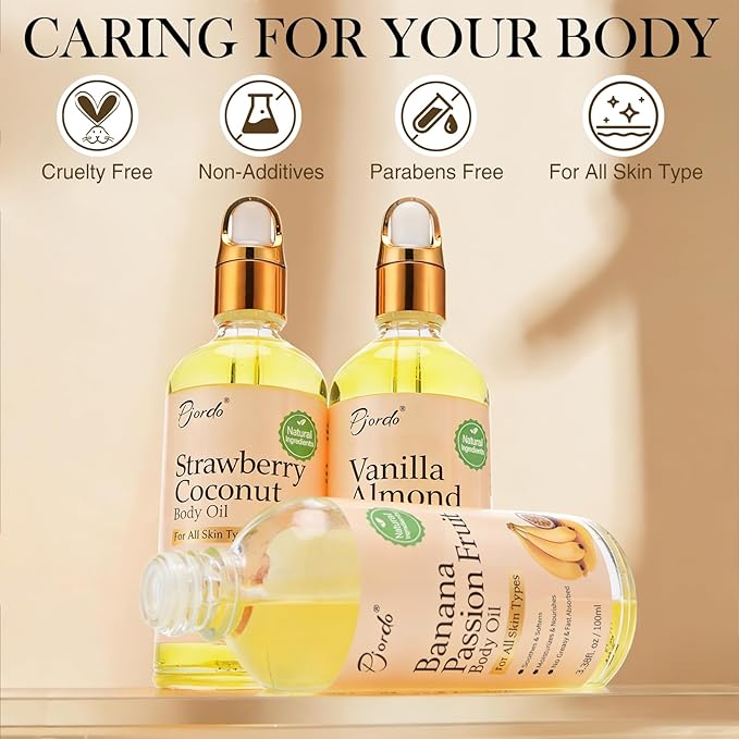 Pjordo 3 Pcs Body Oil with Banana Passion Fruit, Vanilla Almond & Strawberry - Image 7