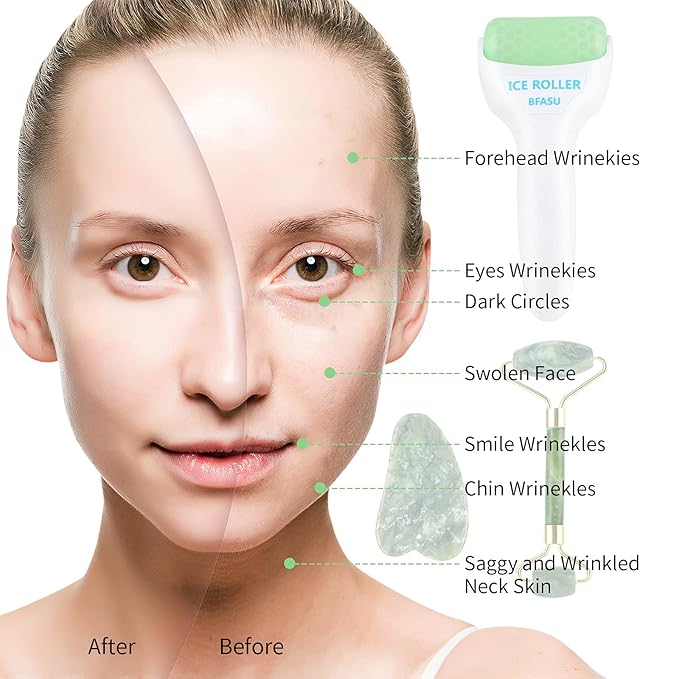 Facial Roller Set of 3, Ice Roller, Two-Sided Jade Roller and Gua Sha Massage - Image 3