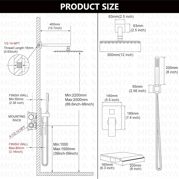 Midanya Shower System with Tub Spout, Bathtub Shower Faucet Set with Square - Image 5