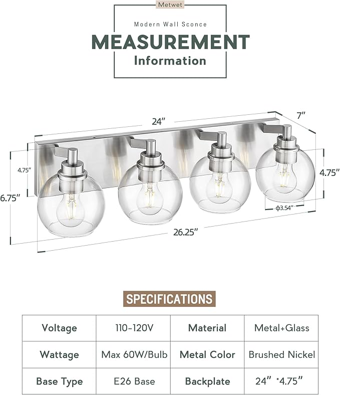 Bathroom Light Fixtures, 4 Light Brushed Nickel Vanity Light, 26 Inch Modern - Image 3