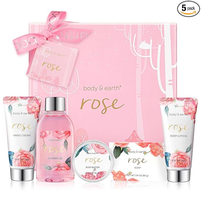 Bath and Body Gift Set for Women, Body & Earth 5 Pcs Rose Spa Gifts for Women by BODYEARTH