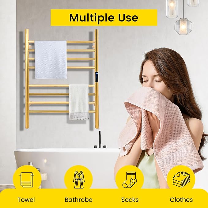 8-Bars Gold Heated Towel Rack–23" Wall Mounted Towel Warmer - Image 6