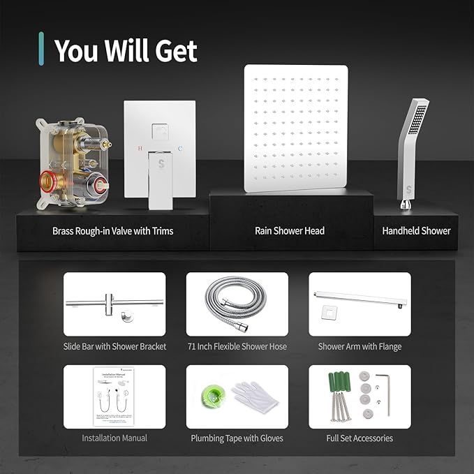 SR SUN RISE 12 Inch Slide Bar Shower System, Square Rain Shower Head and - Image 9
