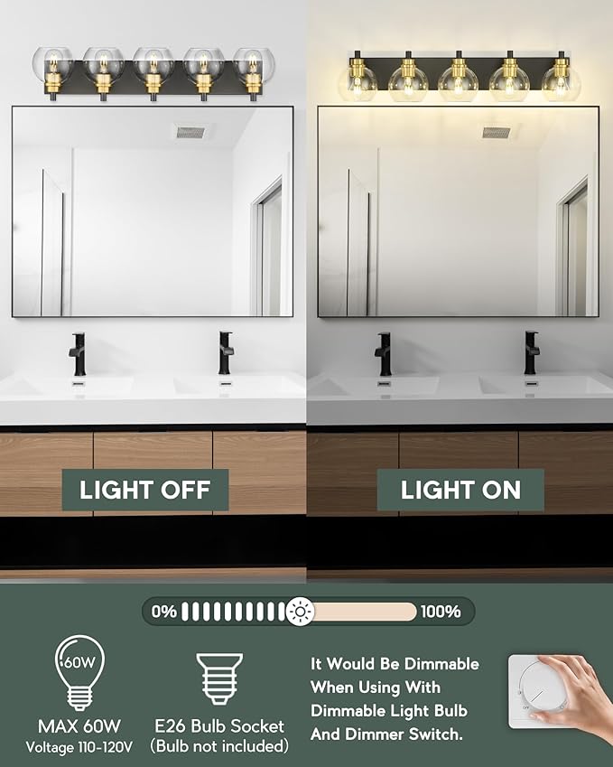 Bathroom Light Fixtures, 5-Light Black and Gold Bathroom Vanity Light, 32 Inch - Image 6