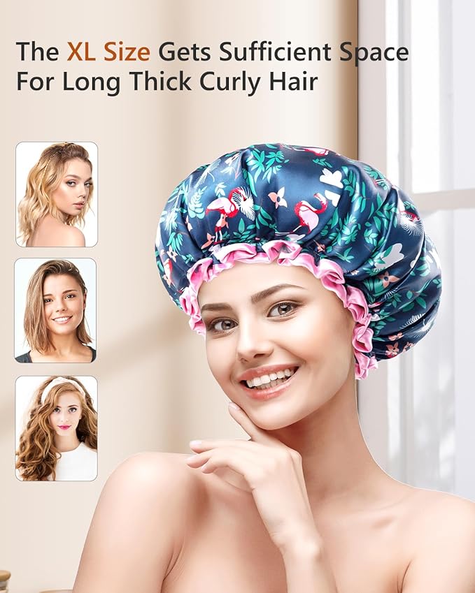 mikimini Medium Shower Cap for Girls and Women, Flamingo Shower Caps - Image 7