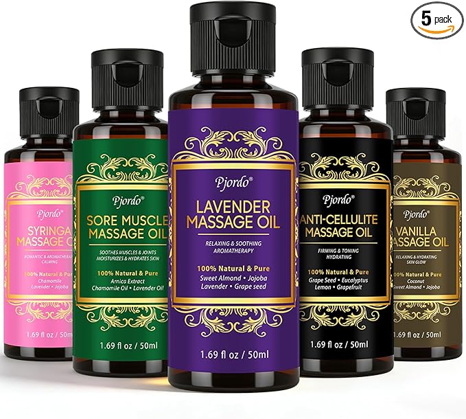 Pjordo 5 Pack Massage Oil for Massage Therapy, Sore Muscle, Syringa & Anti by Pjordo