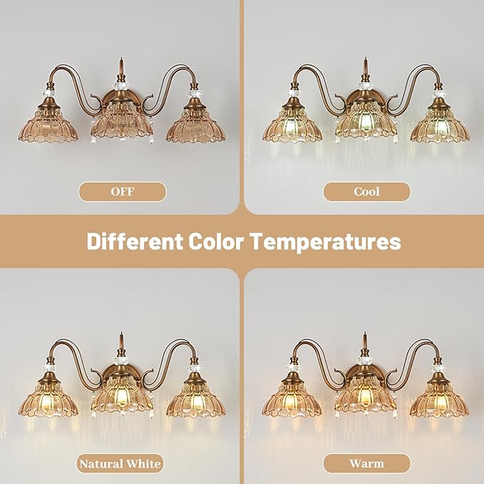 Vintage Bathroom Vanity Light, 3-Light Matte Antique Brass Finish Wall Sconce - Image 8